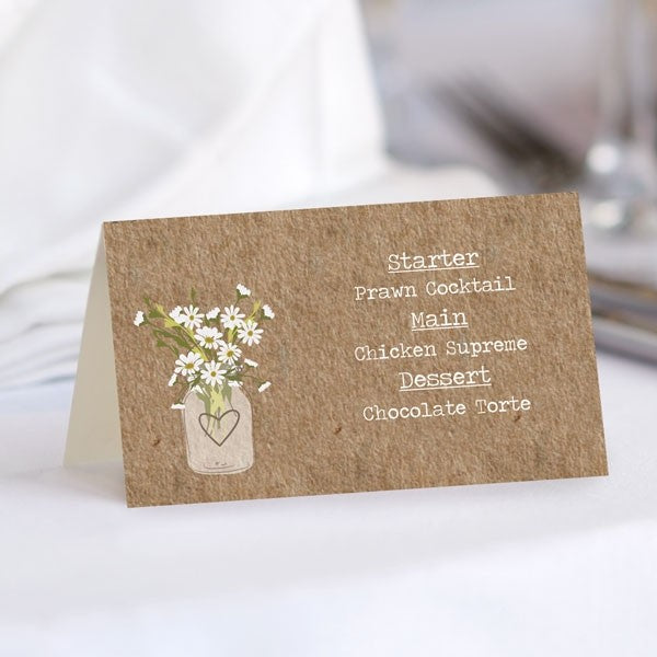 Rustic Mason Jar Flowers - Wedding Place Cards