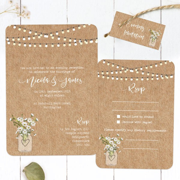 Rustic Mason Jar Flowers - Boutique Evening Invitation & RSVP