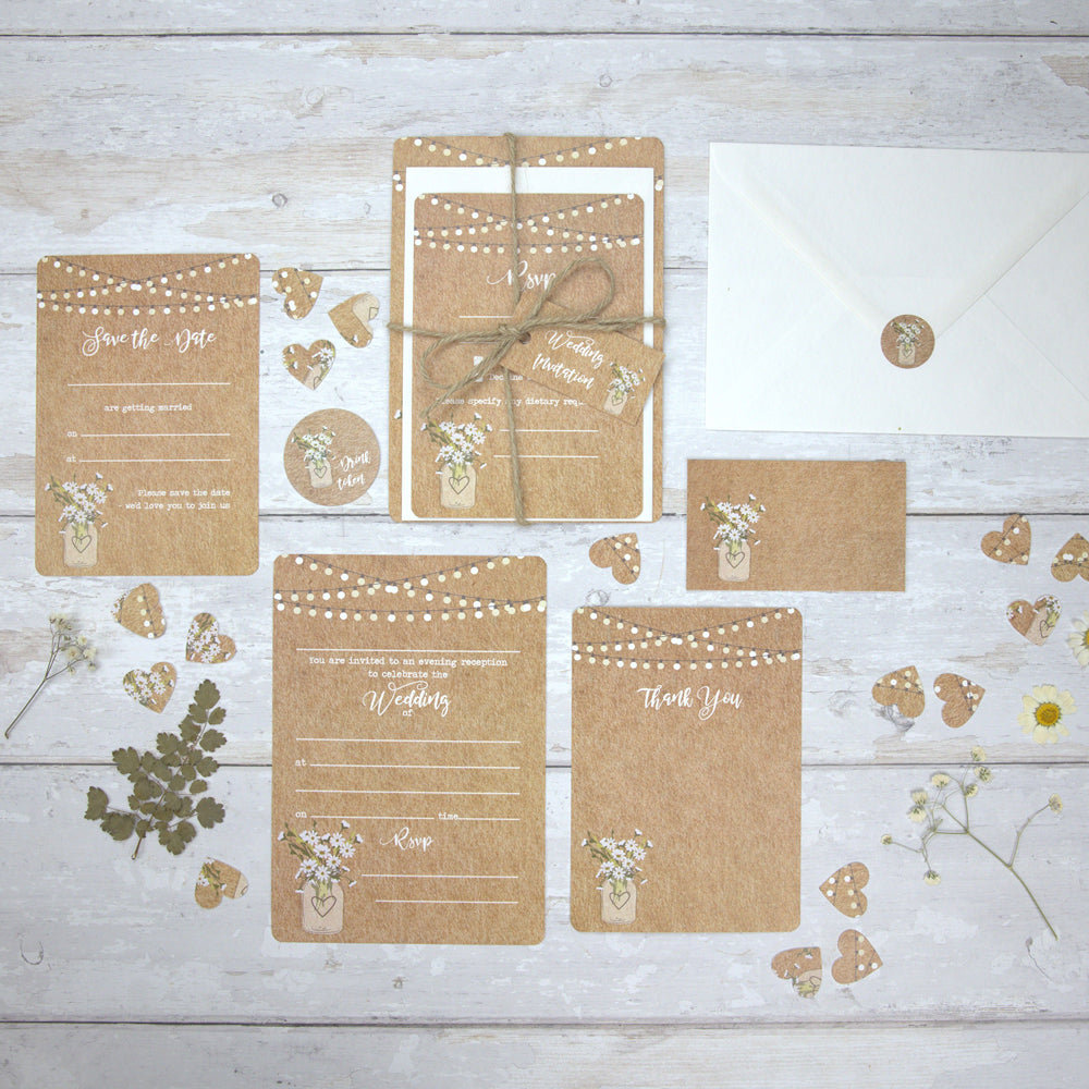 Rustic Mason Jar Flowers - Ready to Write Wedding Invitations & RSVP