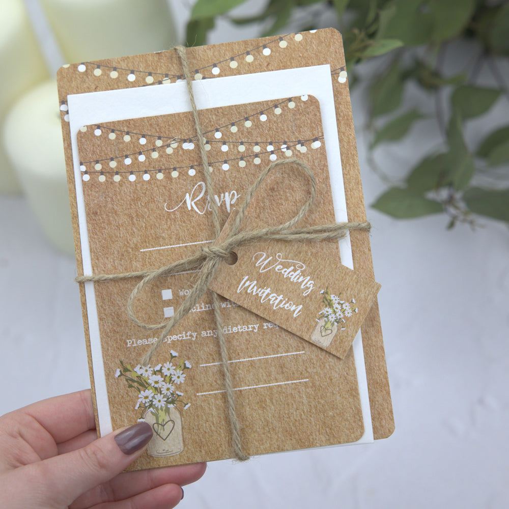 Rustic Mason Jar Flowers - Ready to Write Wedding Invitations & RSVP