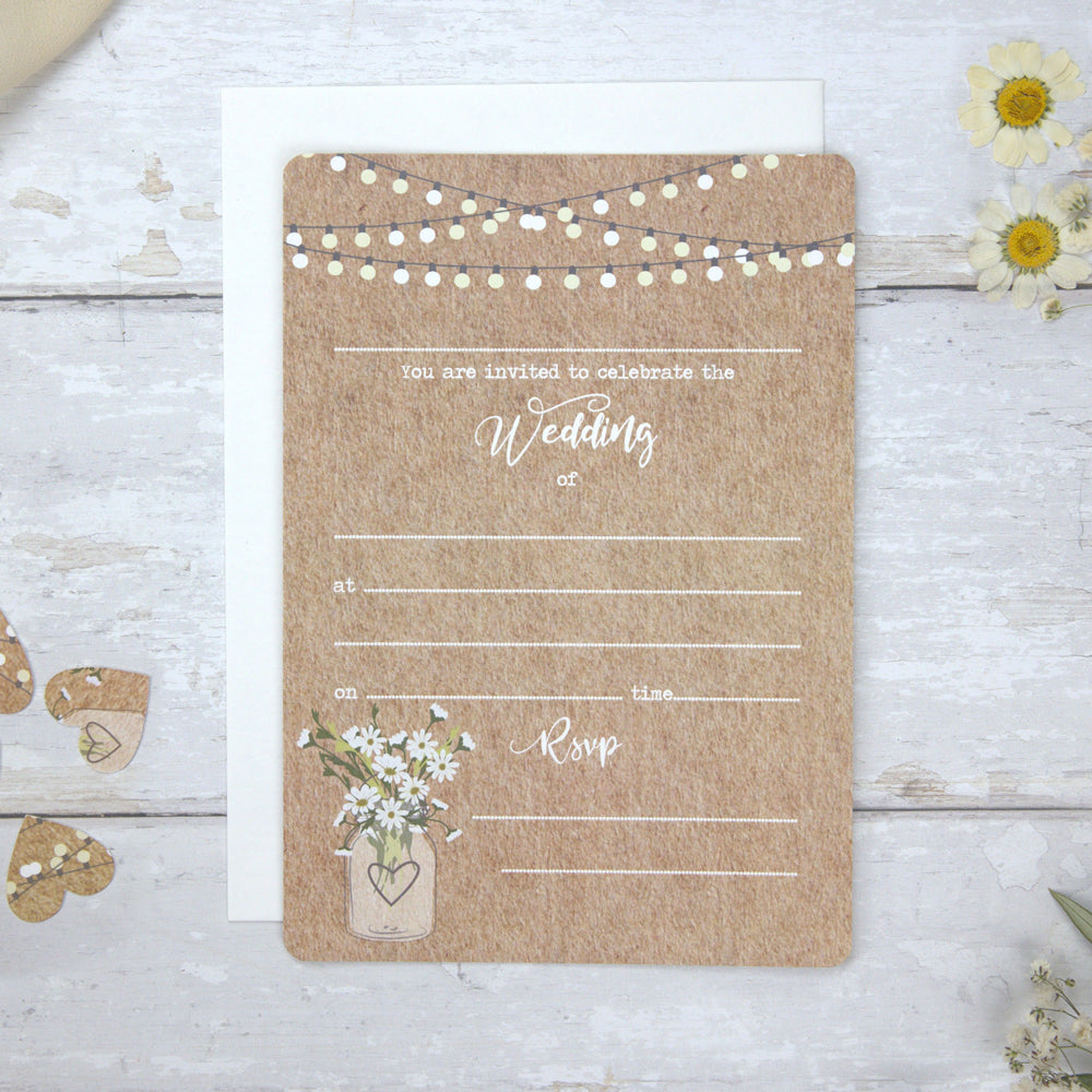 Rustic Mason Jar Flowers - Ready to Write Wedding Invitations & RSVP
