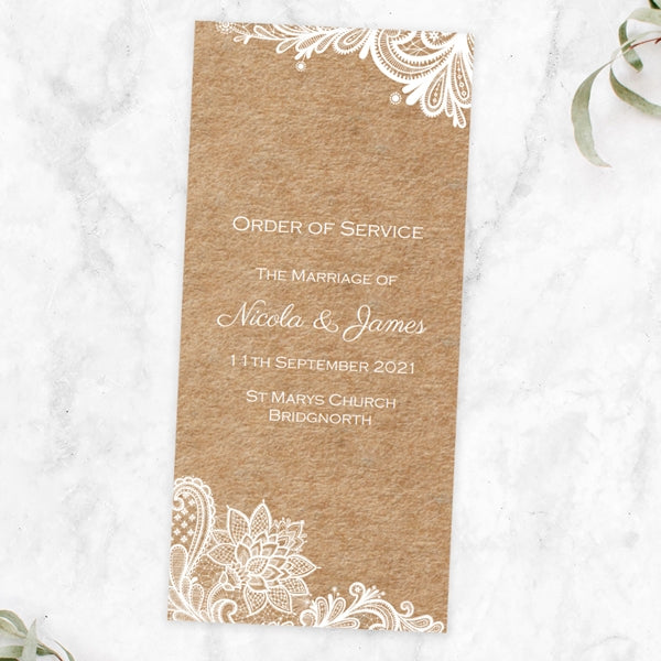 Rustic Wedding Lace Order of Service Concertina