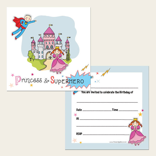 Ready To Write Kids Birthday Invitations - Princess and Superhero Party - Pack of 10