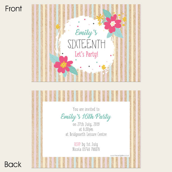 16th Birthday Invitations - Candy Stripe Flowers - Pack of 10