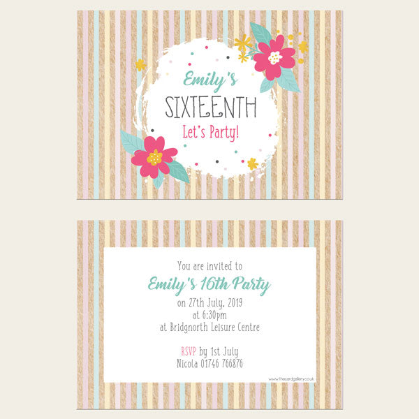 16th Birthday Invitations - Candy Stripe Flowers - Pack of 10