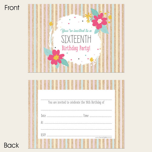 16th Birthday Invitations - Candy Stripe Flowers - Pack of 10