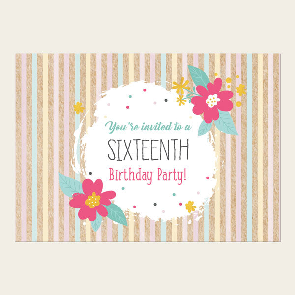 16th Birthday Invitations - Candy Stripe Flowers - Pack of 10