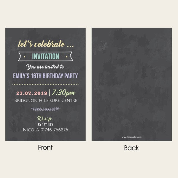 Teen Party Invitations - Chalkboard Pastel Typography - Pack of 10
