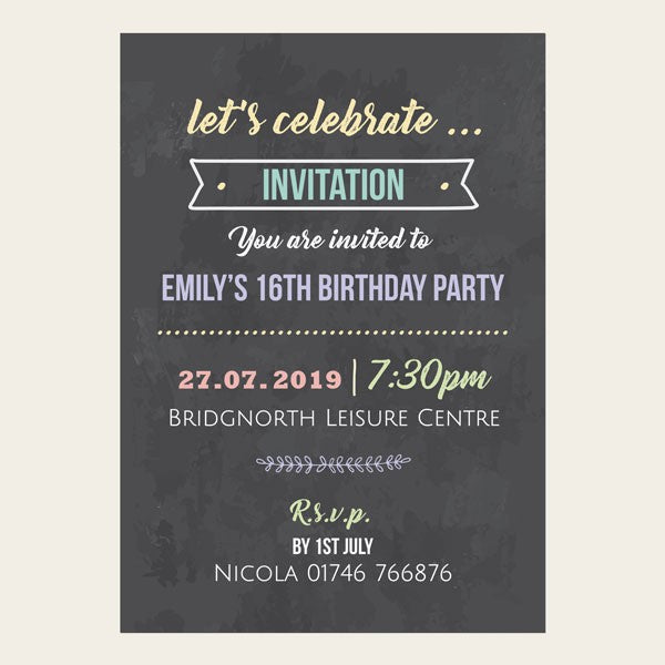 Teen Party Invitations - Chalkboard Pastel Typography - Pack of 10