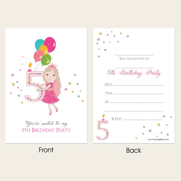 Ready To Write Kids Invitations - Girls 5th Birthday Fairy - Pack of 10