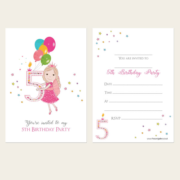 Ready To Write Kids Invitations - Girls 5th Birthday Fairy - Pack of 10