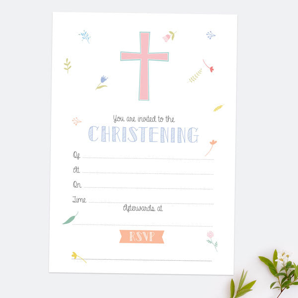 Christening Invitations - Scattered Flowers - Pack of 10