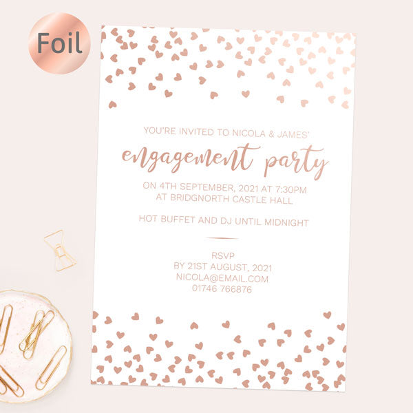 Foil Engagement Party Invitations - Scattered Hearts