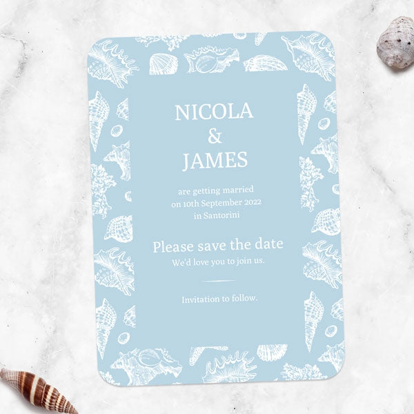 Seashell Elegance Iridescent Save the Date Cards