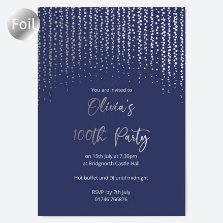 100th Birthday Invitations - Silver Deluxe - Navy Glittering Lights - Pack of 10