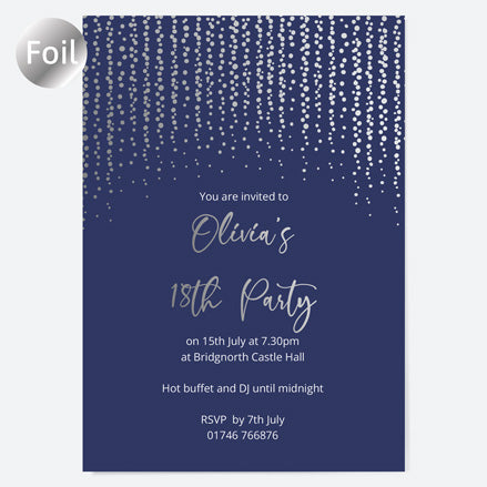 18th Birthday Invitations - Silver Deluxe - Navy Glittering Lights - Pack of 10