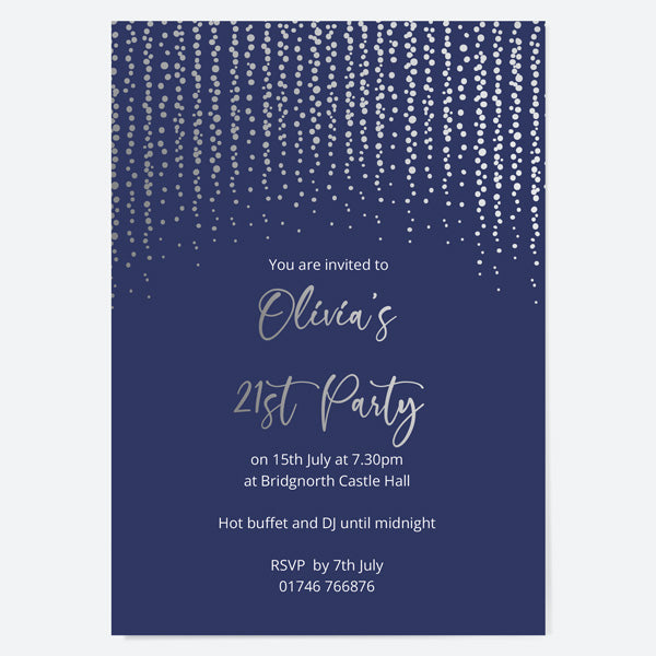 21st Birthday Invitations - Silver Deluxe - Navy Glittering Lights - Pack of 10