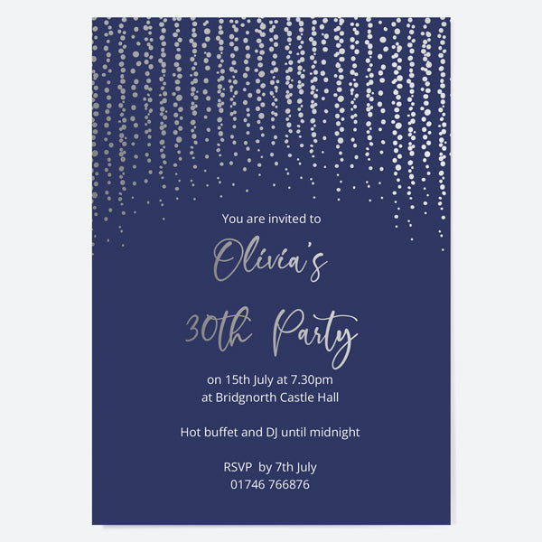 30th Birthday Invitations - Silver Deluxe - Navy Glittering Lights - Pack of 10