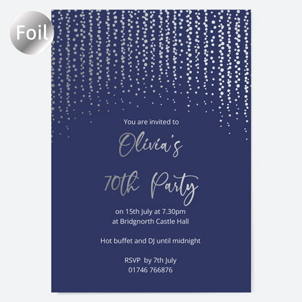 70th Birthday Invitations - Silver Deluxe - Navy Glittering Lights - Pack of 10