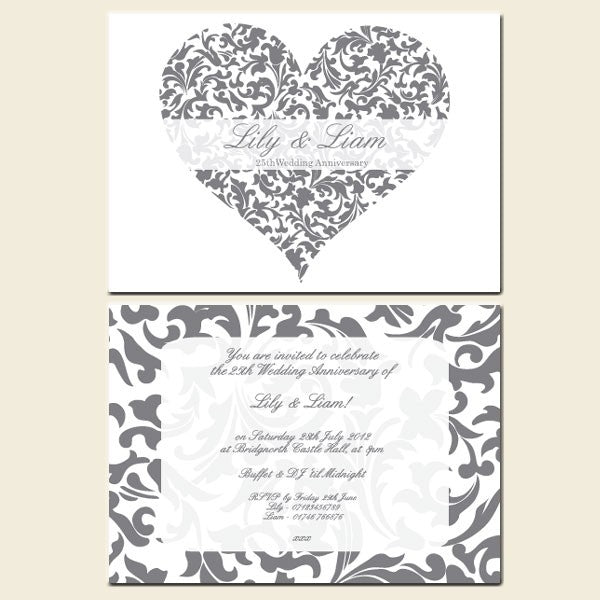 25th Wedding Anniversary Invitations - Silver & White Heart Pattern