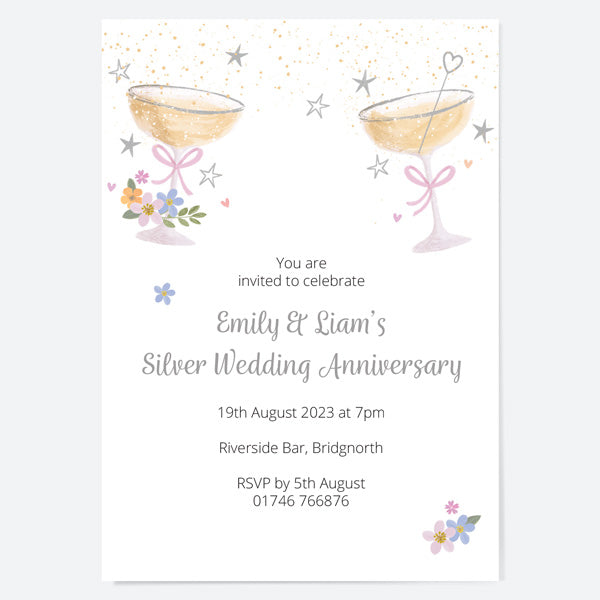 25th Wedding Anniversary Invitations - Champagne Bubbles - Pack of 10