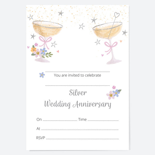 25th Wedding Anniversary Invitations - Champagne Bubbles - Pack of 10