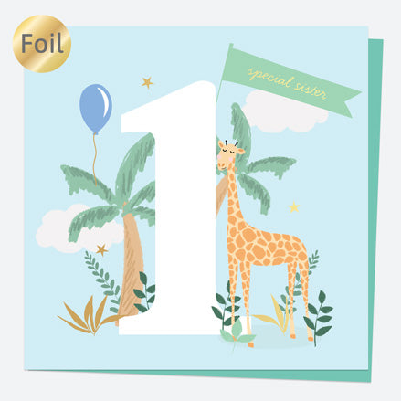 Luxury Foil Sister Birthday Card - Animal World - Giraffe - 1st Birthday