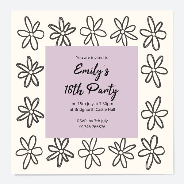 18th Birthday Invitations - Sketch Style Flowers - Pack of 10
