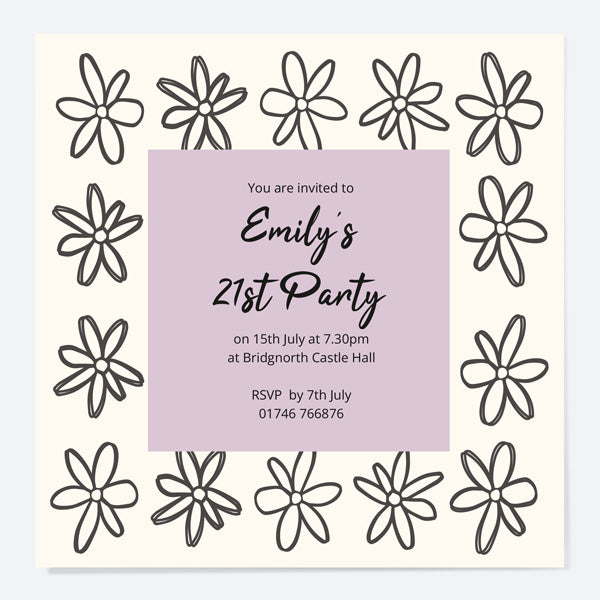21st Birthday Invitations - Sketch Style Flowers - Pack of 10