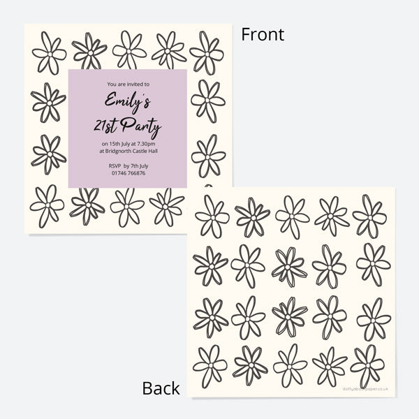 21st Birthday Invitations - Sketch Style Flowers - Pack of 10