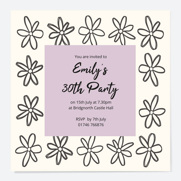 30th Birthday Invitations - Sketch Style Flowers - Pack of 10