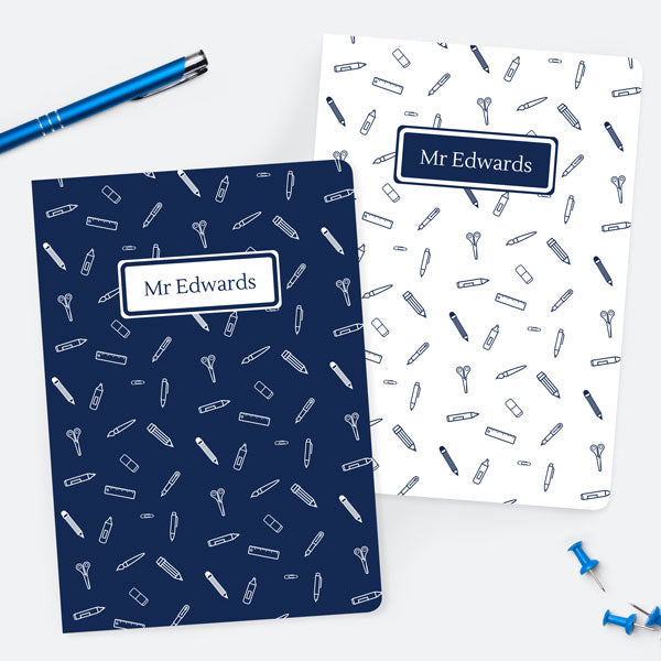 Smart Stationery Pattern - Blue - Personalised A5 Exercise Books - Pack of 2