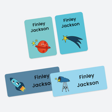 Mixed Pack Personalised Stick On Waterproof Name Labels - Solar System - Rocket - Pack of 43