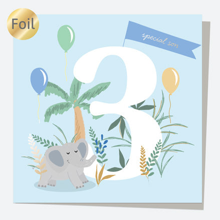 Luxury Foil Son Birthday Card - Animal World - Elephant - 3rd Birthday