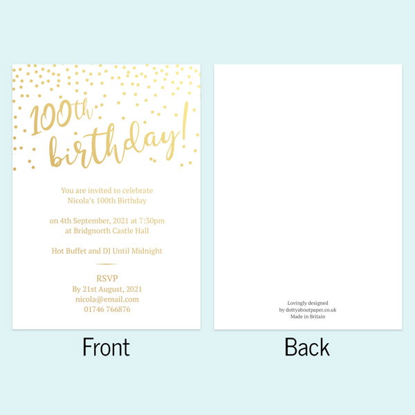 Foil 100th Birthday Invitations - Sparkly Typography - Pack of 10