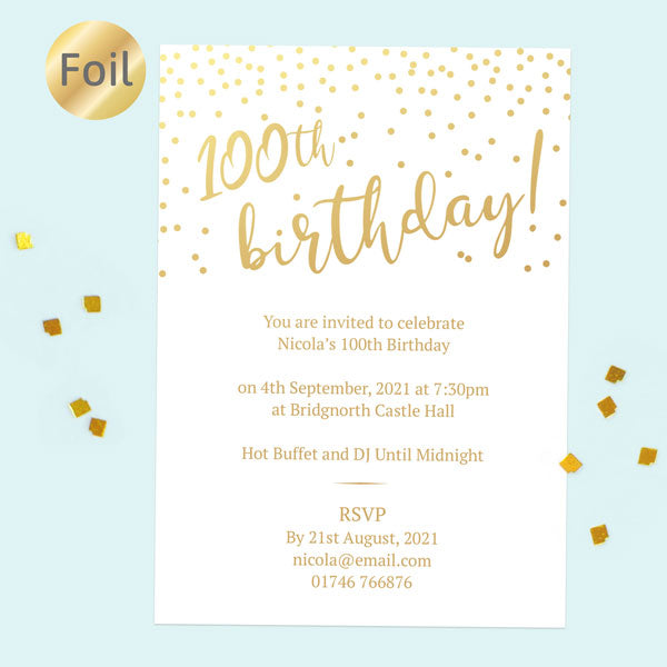 foil-100th-birthday-invitations-sparkly-typography-pack-of-10-fast-delivery-at-dotty-about-paper for 100th Birthday Invitations Free Printable Foil 100th Birthday Invitations - Sparkly Typography - Pack of 10 - Fast Delivery at Dotty About Paper for 100th Birthday Invitations Free Printable
