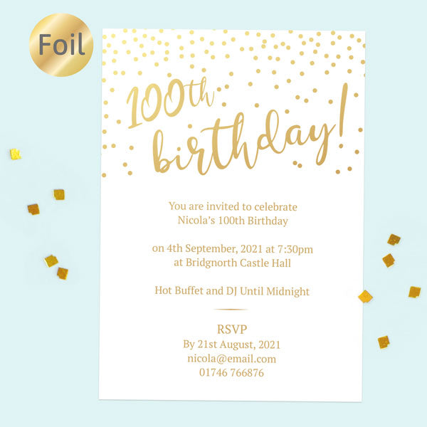 Foil 100th Birthday Invitations - Sparkly Typography - Pack of 10