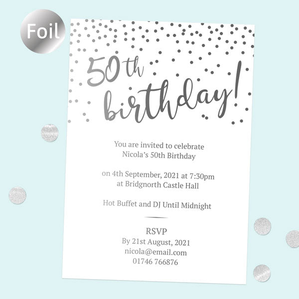 Foil 50th Birthday Invitations - Sparkly Typography - Pack of 10