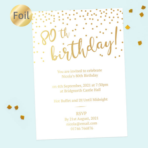 Foil 80th Birthday Invitations - Sparkly Typography - Pack of 10