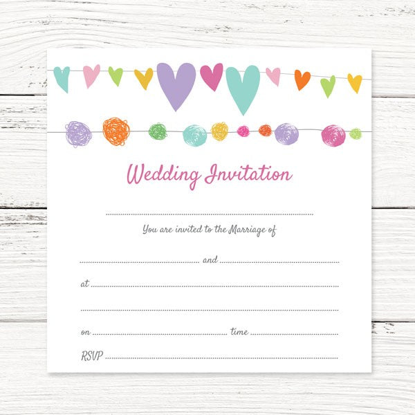 Ready to Write Wedding Postcard Invitations - Pom Pom & Heart Bunting