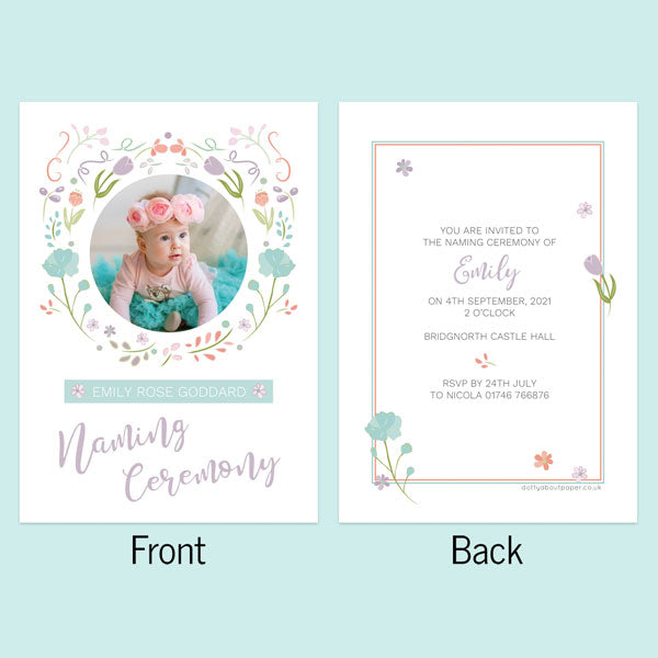 Naming Ceremony Invitations - Summer Pastel Flowers - Use Your Own Photo - Pack of 10