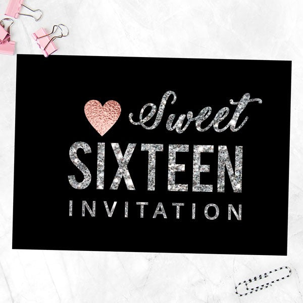 Ready To Write Invitations - Sweet 16 Silver Glitter Effect - Pack of 10