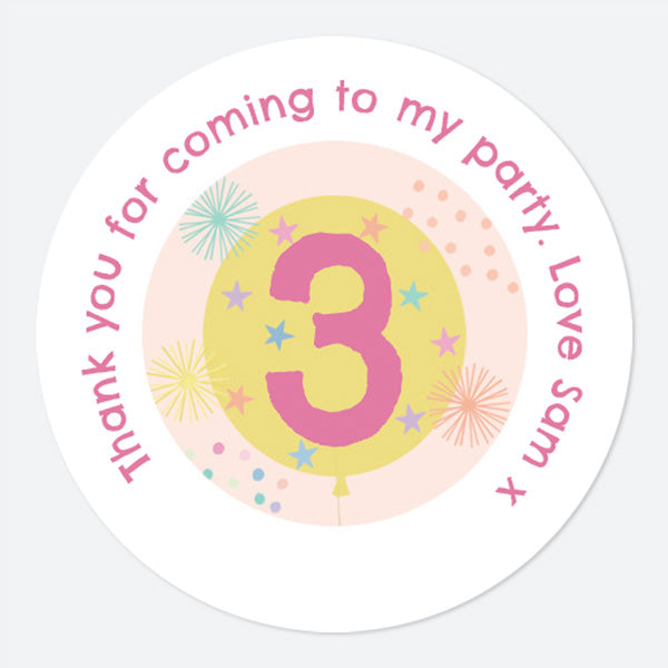 category header image Girls Party Balloons Age 3 - Sweet Bag Stickers - Pack of 35