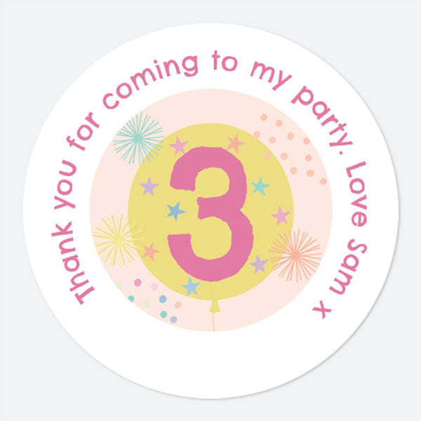 Girls Party Balloons Age 3 - Sweet Bag Stickers - Pack of 35