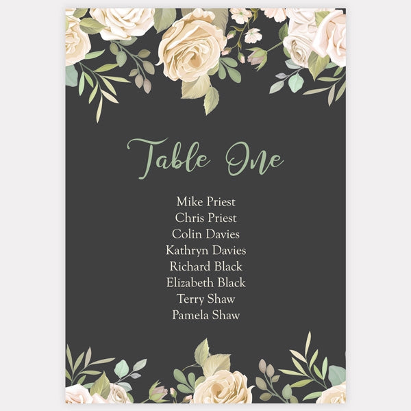 Black & Cream Roses Table Plan Cards