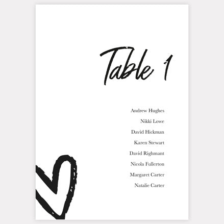 Calligraphy Heart Names - Table Plan Cards