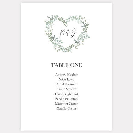 Eucalyptus Heart Table Plan Cards