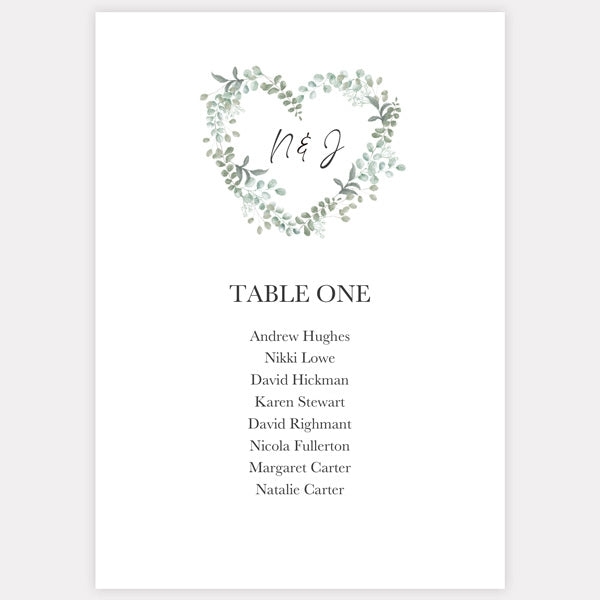 Eucalyptus Heart Table Plan Cards