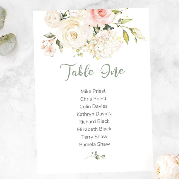 Pink & White Country Bouquet - Table Plan Cards
