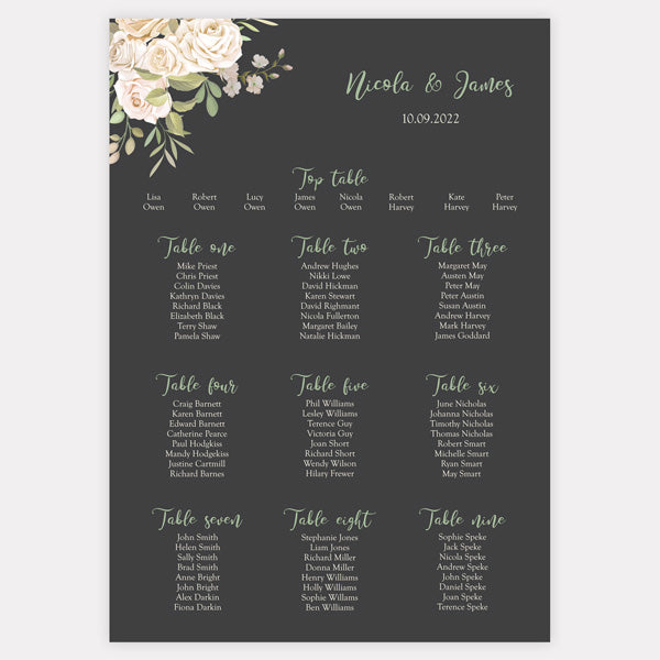 Black & Cream Roses Table Plan